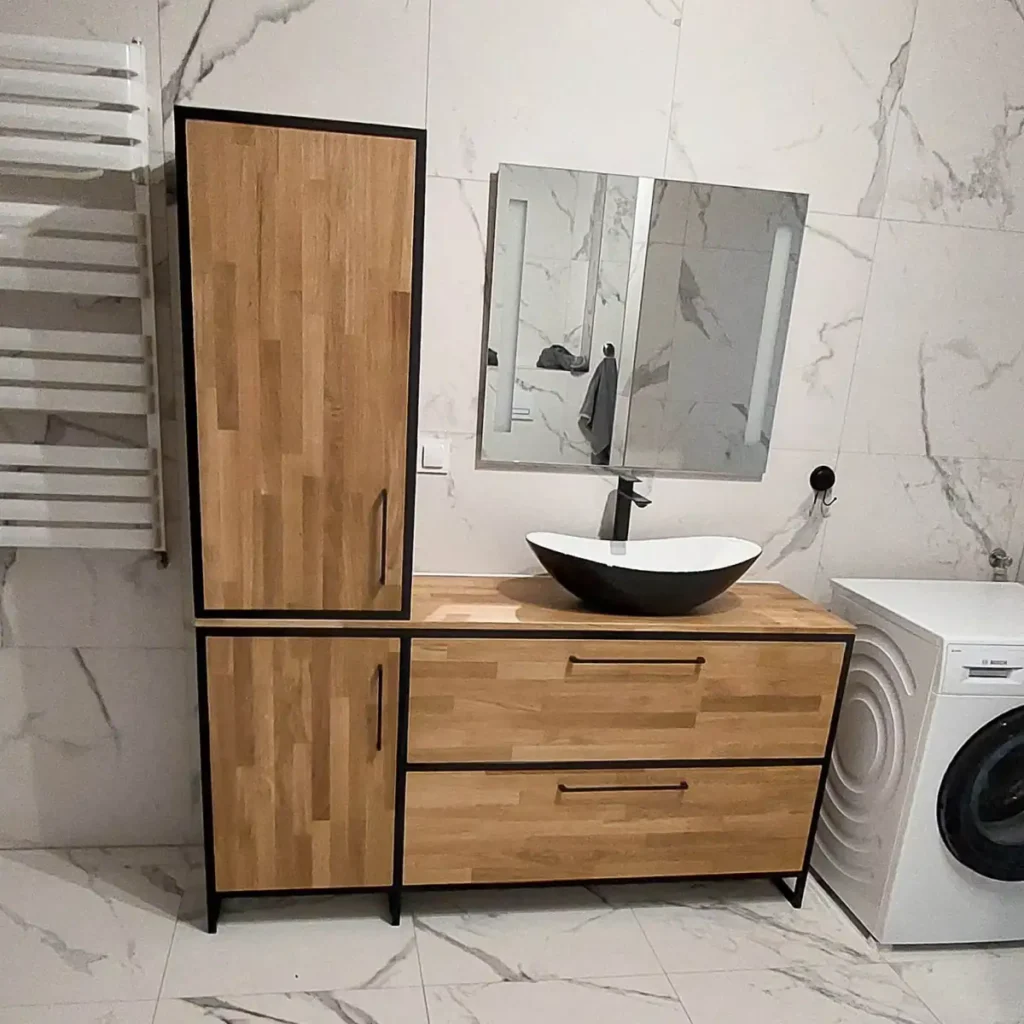 Mebel drewniany na konstrukcji stalowej do łazienki pod umywalkę.
