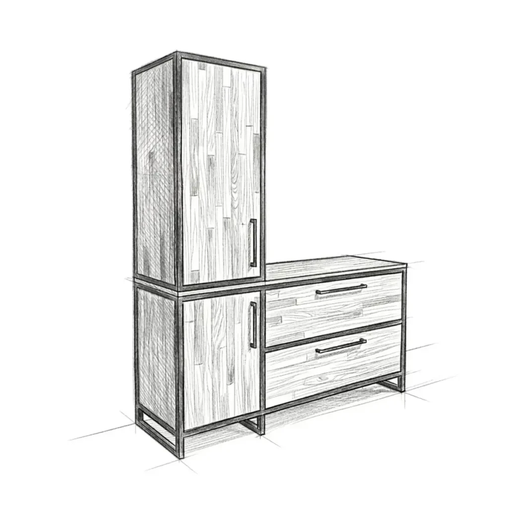 Projekt mebla drewnianego na konstrukcji metalowej przeznaczonego do łazienki.